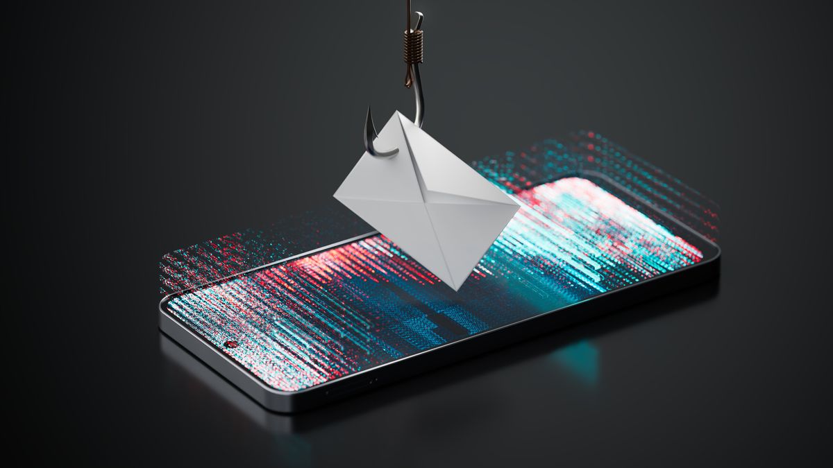 Illustration of a hooked email hovering over a mobile phone