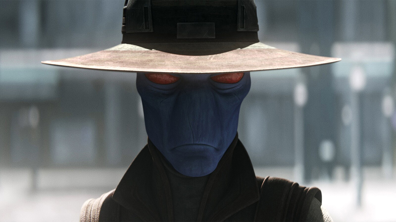 Cad Bane, a blue-skinned alien with red eyes and a wide-brimmed hat looking at the screen.