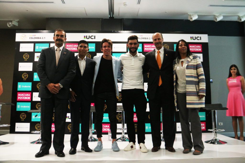 Nairo Quintana, Rigoberto Uran, and Fernando Gaviria at the presentation of the new Colombia Oro y Paz race