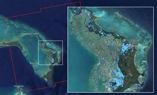 Satellite imagery taken on Sept. 2, 2019, shows in light blue flooding in the wake of Hurricane Dorian's battering of the Bahamas.
