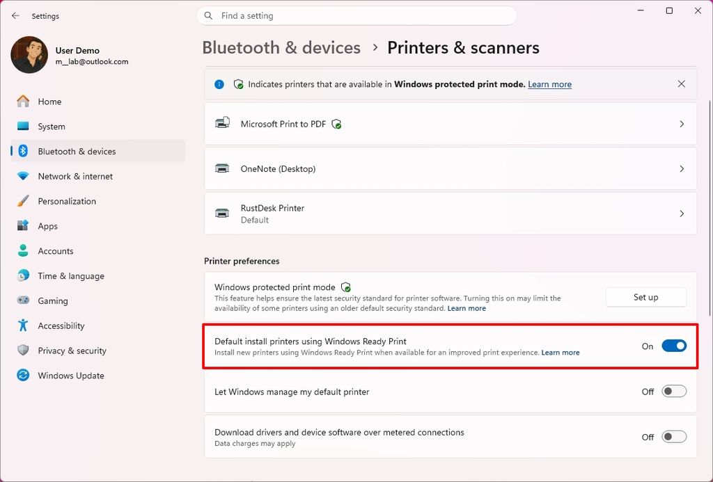 Windows 11 Settings showing printer settings and highlighting the "Default install printer using Windows Ready Print" option.