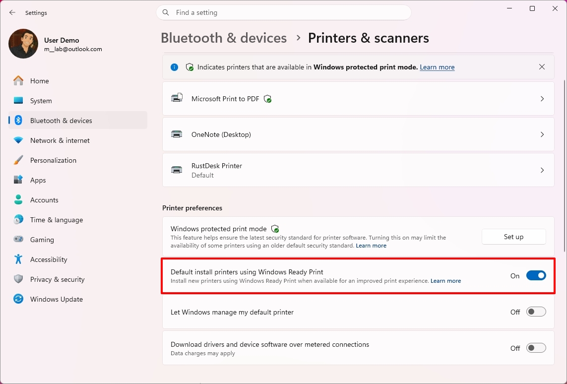 Windows 11 Settings showing printer settings and highlighting the "Default install printer using Windows Ready Print" option.