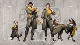 Line up of cat person, male, female, and hunting hound takes on autumnal monster hunter outfit, variations on beige long coat and yellow scarf.