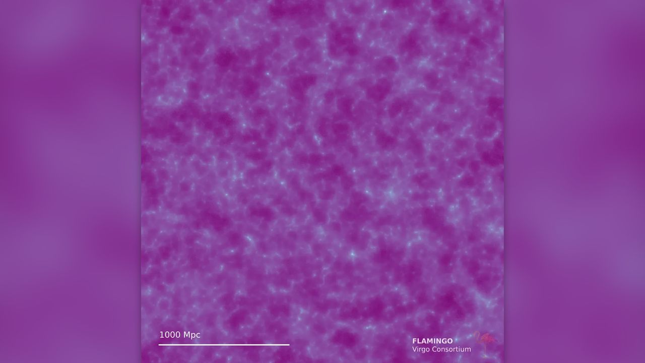 Gpc box showing quantity of neutrinos (neutrino surface density) in a logarithmic color scale to visualise faint structures.