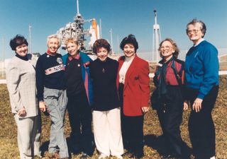 Surviving members of the group of women informally dubbed the Mercury 13 attended the 1995 shuttle launch of Eileen Collins as she became the first female shuttle pilot. Wally Funk is second from the left.