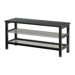 Tjusig Bench and Shoe Rack in black with bench and two stainless steel shelves underneath