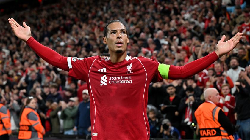 Virgil van Dijk of Liverpool celebrates scoring his team&#039;s third goal during the UEFA Champions League 2025/26 League Phase MD1 match between Liverpool FC and Atletico de Madrid at Anfield on September 17, 2025 in Liverpool, England. 