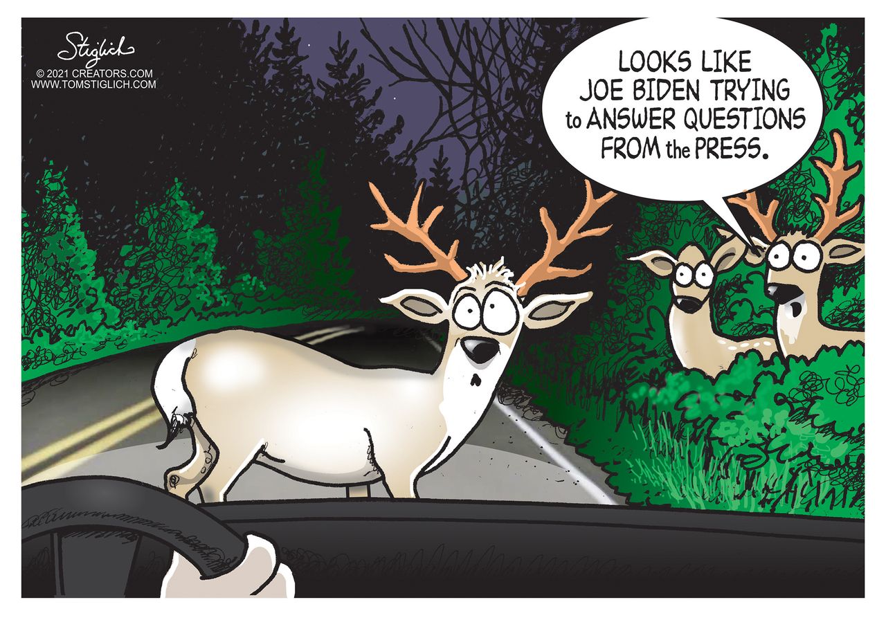 Political Cartoon U.S. biden press deer headlights