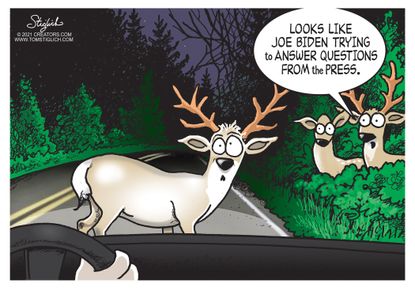 Political Cartoon U.S. biden press deer headlights