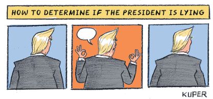 Political Cartoon U.S. Trump White House Coronavirus briefings lying hands