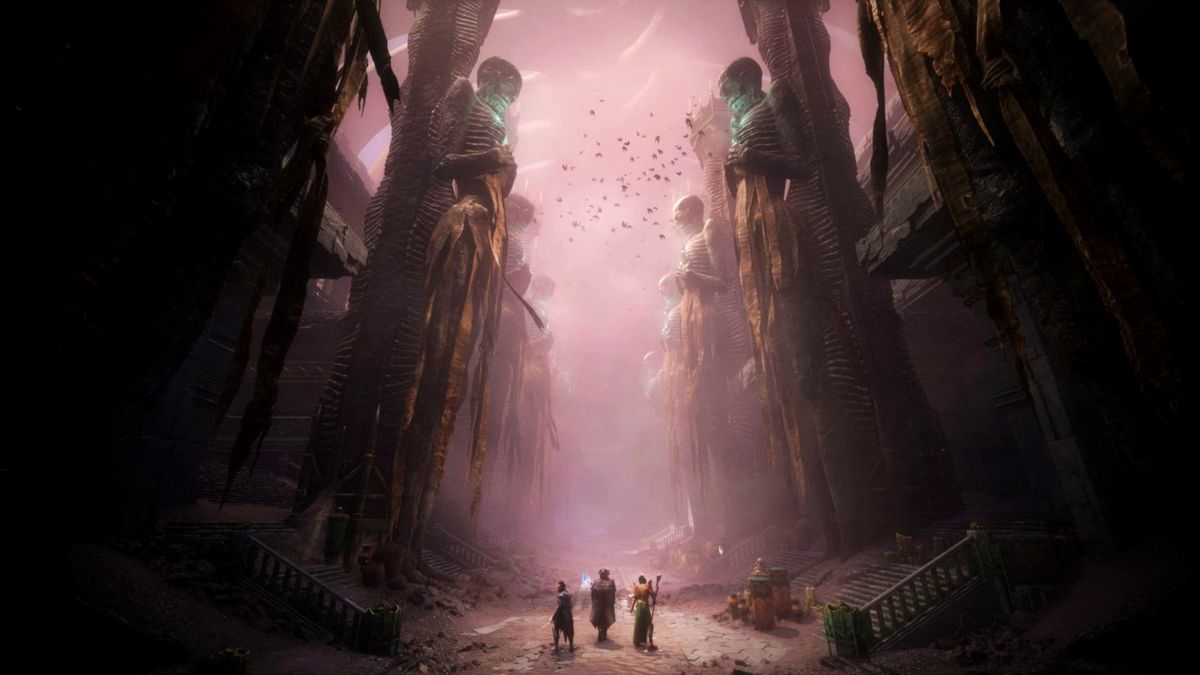 Dragon Age: The Veilguard scene showing massive statues surrounded a long path, the RPG&#039;s companions walking along between them