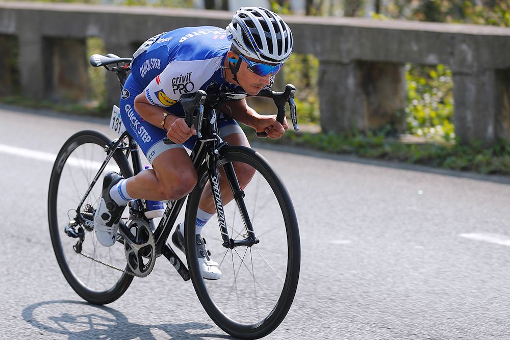 Julian Alaphilippe tucks in for a descent during stage 4 at Pais Vasco