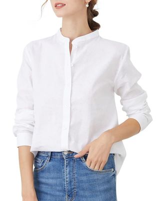 Hoteve Button Down Shirts for Women Long Sleeve Cotton Regular Fit Casual Linen White 001 Size M