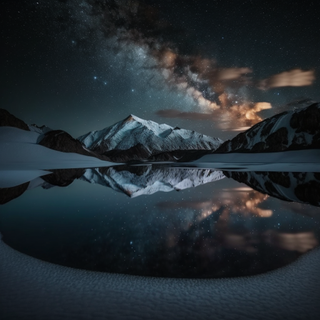 AI generated image of a fictional snow capped mountain reflected in a lake at night with clear starry skies and milkyway above