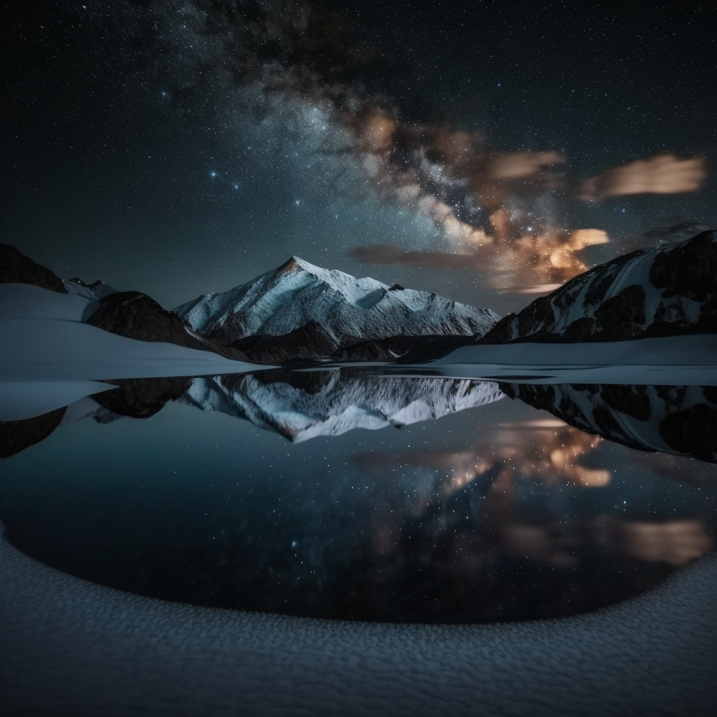 AI-generated image of a fictional snow-capped mountain reflected in a lake at night with a clear starry sky and a milky way above