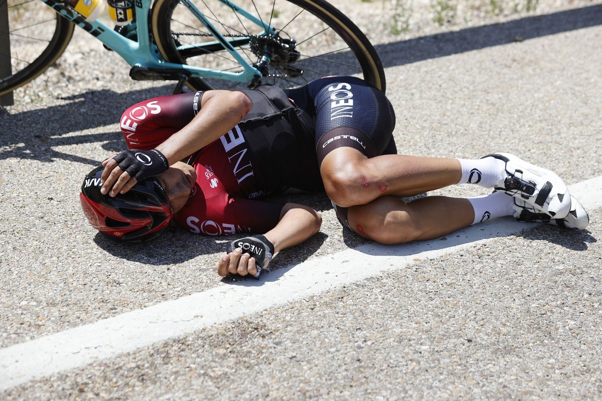 Vuelta a Burgos 2020 42th Edition 1st stage Catedral de Burgos Mirador del Castillo 157 km 28072020 Crash Sebastian Henao COL Team Ineos photo Luis Angel GomezBettiniPhoto2020