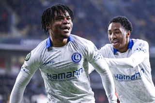 Gift Orban celebrates after scoring for Gent against İstanbul Başakşehir in the Europa Conference League in March 2023.