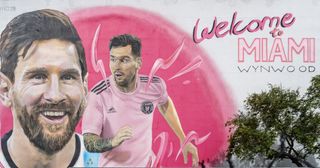 Lionel Messi Inter Miami mural artwork by artist Maximiliano Bagnasco in the art district of Wynwood in Miami, Florida prior to Lionel Messi potentially making his debut for Inter Miami at DRV PNK Stadium on July 21, 2023 in Fort Lauderdale, Florida.