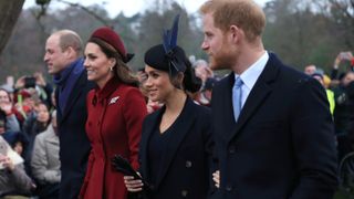 rince William, Duke of Cambridge, Catherine, Duchess of Cambridge, Meghan, Duchess of Sussex and Prince Harry, Duke of Sussex leave after attending Christmas Day Church service at Church of St Mary Magdalene on the Sandringham estate on December 25, 2018 in King's Lynn, England.