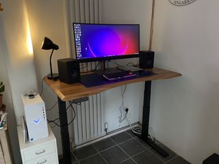 A FlexiSpot E7 Pro standing desk in a small home office