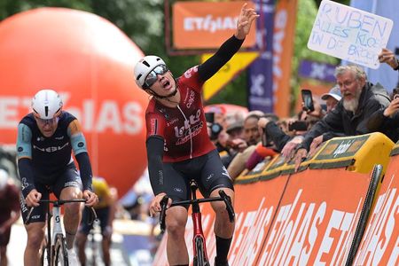 Belgian Arnaud De Lie of Lotto-Intermarche celebrates as he crosses the finish line to win the fourth stage of the Tour De Wallonie cycling race, from Dison to Eupen (166,7 km), on Thursday 04 June 2026.BELGA PHOTO DAVID PINTENS (Photo by DAVID PINTENS / BELGA MAG / Belga via AFP)