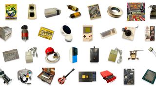 A selection of objects in the Computer History Museum taken from its website, including an antique GameBoy and various controllers.