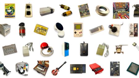 A selection of objects in the Computer History Museum taken from its website, including an antique GameBoy and various controllers.