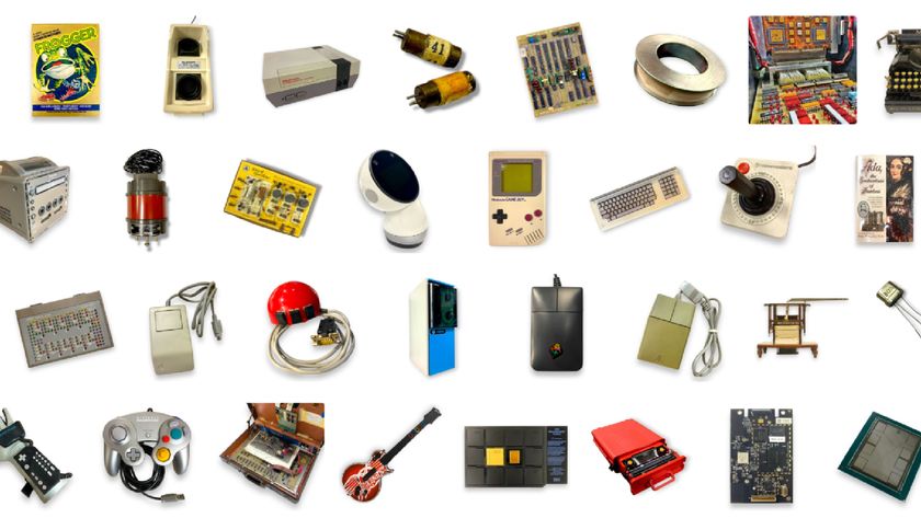 A selection of objects in the Computer History Museum taken from its website, including an antique GameBoy and various controllers.