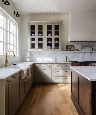 Modern farmhouse kitchen with single cabinet next to open shelving