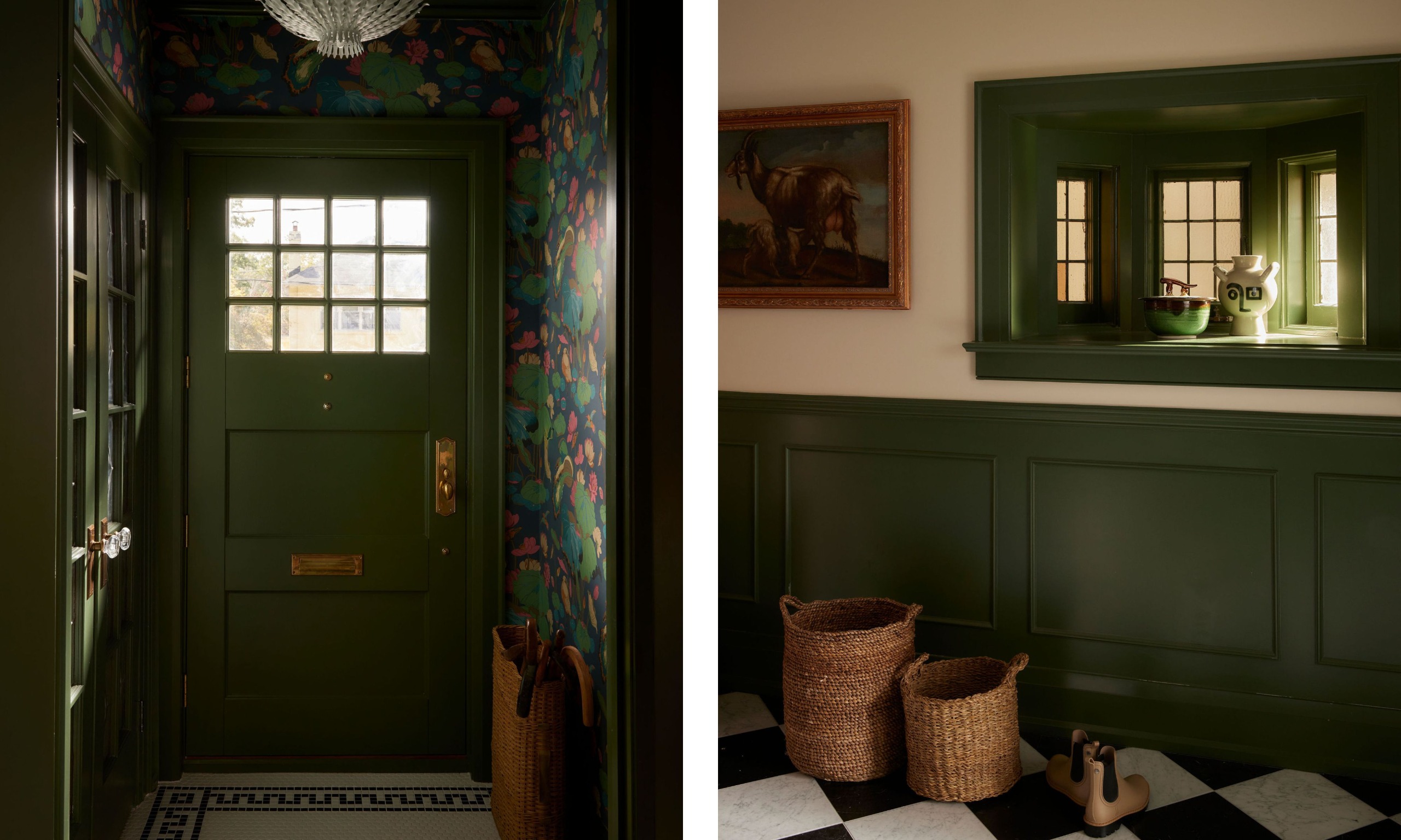 Two images of an entryway with dark green panelling and a front door, dark floral wallpaper on the walls, black-and-white tiled flooring, and vintage decor.
