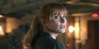 Claire (Bryce Dallas Howard) looks worried in a scene from Jurassic World: Fallen Kingdom