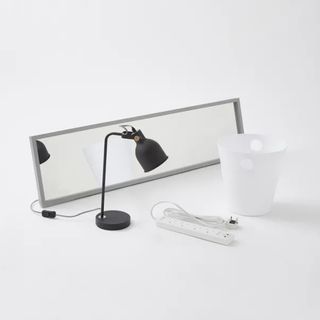 A lamp, mirror, waste bin and extension lead