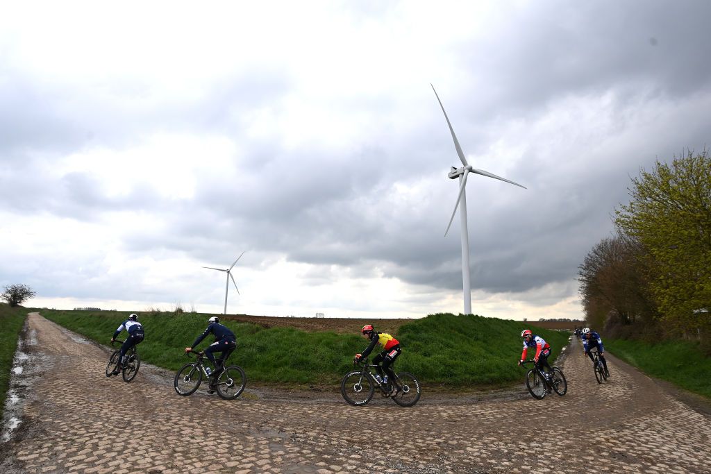 ROUBAIX FRANCE APRIL 07 LR Yves Lampaert of Belgium Bert Van Lerberghe of Belgium Tim Merlier of Belgium and Florian Snchal of France and Team Soudal QuickStep during the ParisRoubaix 2023 Training Day 2 UCIWT on April 07 2023 in Roubaix France Photo by Tim de WaeleGetty Images