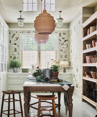floral wallpaper in a modern rustic kitchen dining area