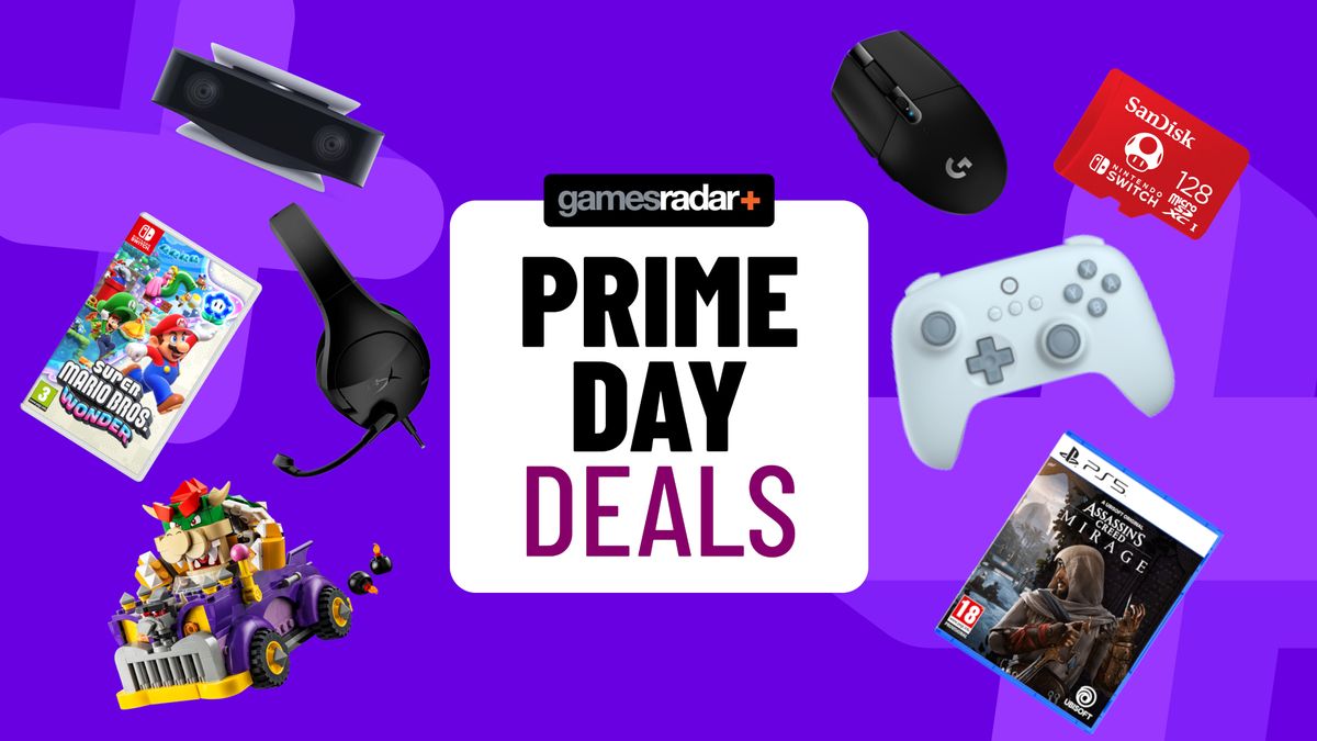 Amazon Prime Day deals badge surrounded by gaming tech and video games on a purple background