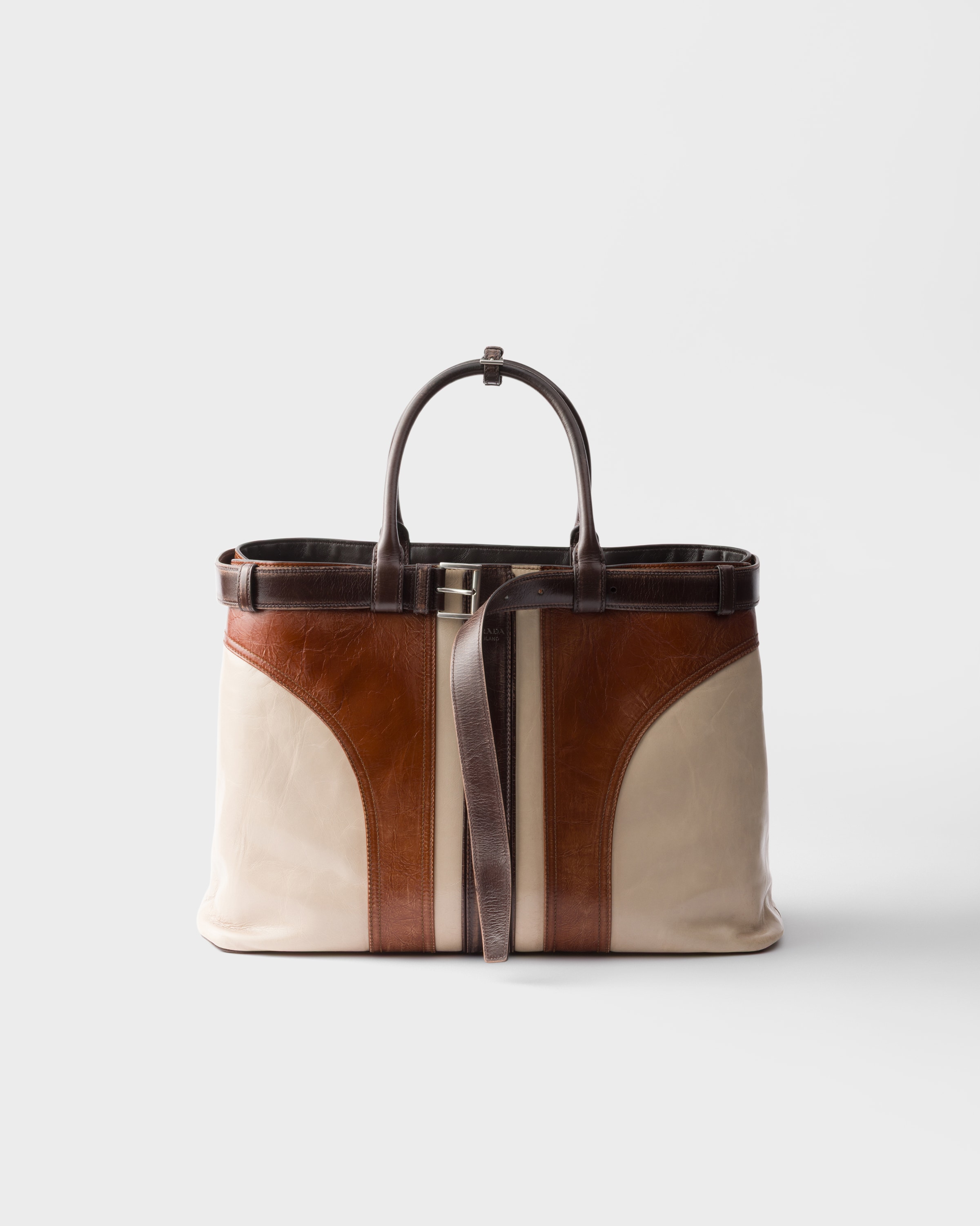 Prada Buckle Antiqued Leather Bag With Belt