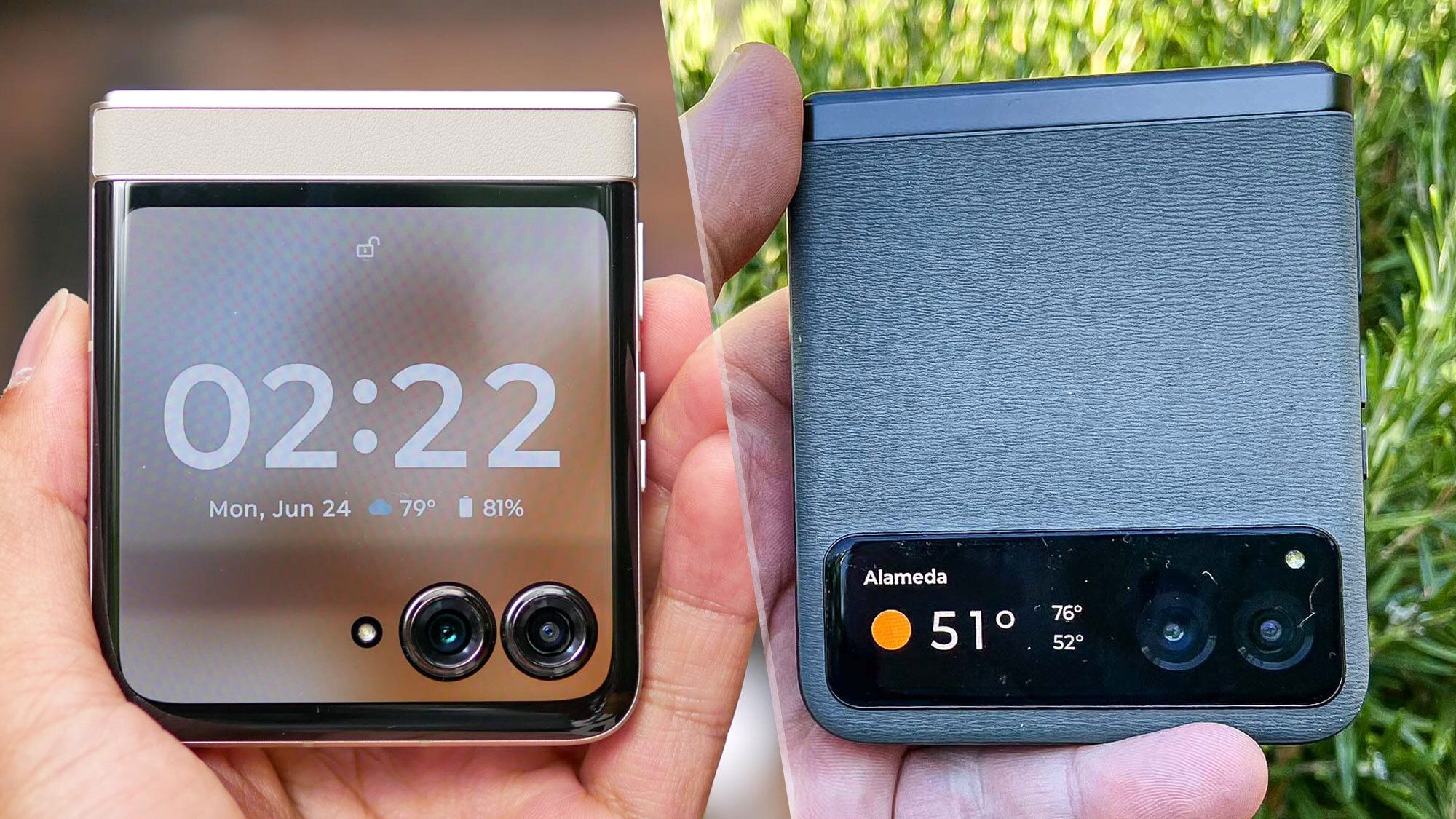 Side-by-side comparison of the Motorola Razr (2024) and Motorola Razr (2023) smartphones highlighting major design and display differences