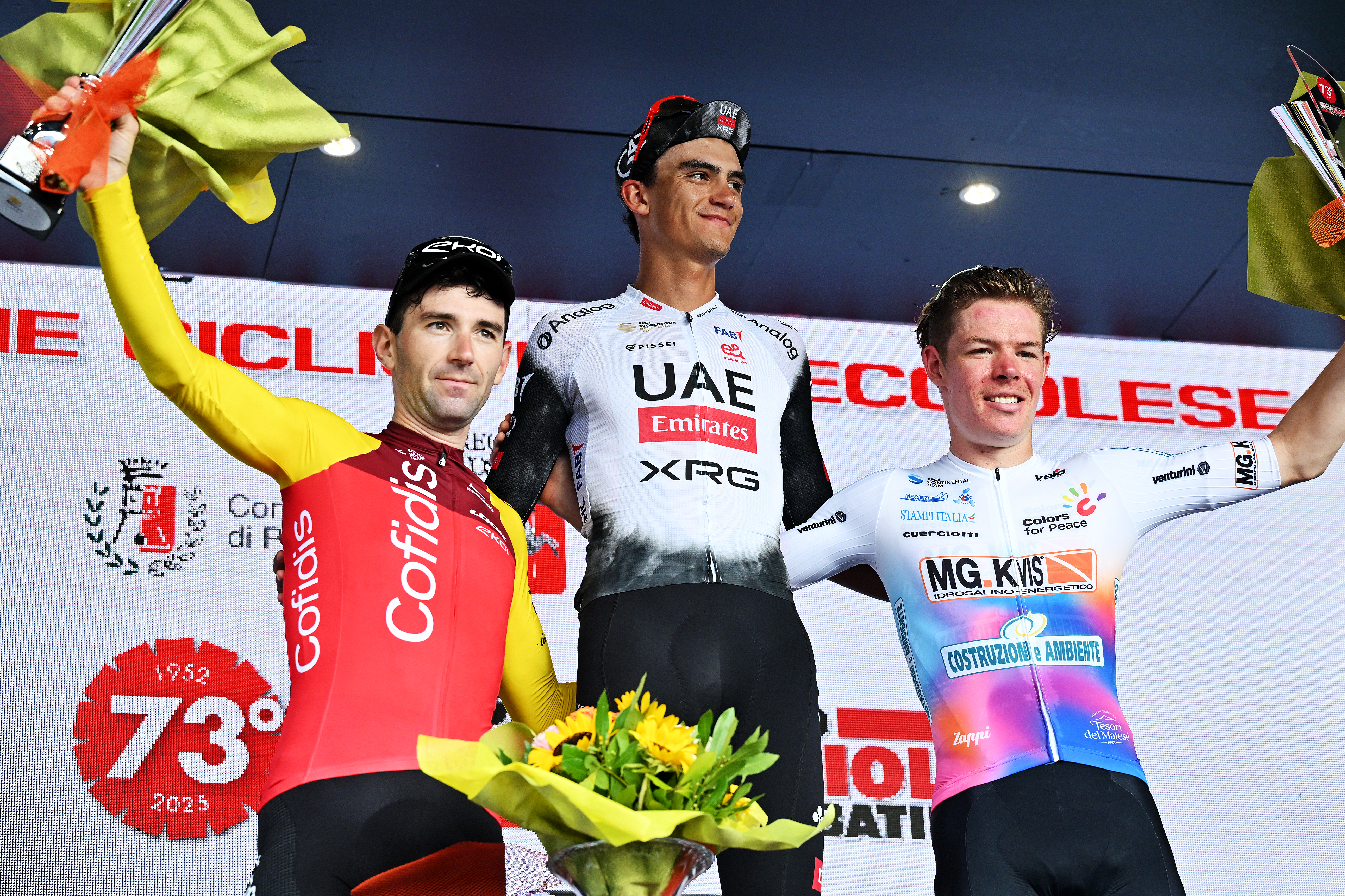 Benjamin Thomas of France and Team Cofidis on second place, race winner Isaac Del Toro of Mexico and UAE Team Emirates - XRG and Ben Granger of Great Britain and Team Mg.K Vis Costruzioni e Ambiente on third place pose on the podium ceremony after the 73rd Gran Premio citta di Peccioli - Coppa Sabatini 2025