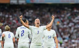 Beth Mead celebrates for England against Austria at Old Trafford