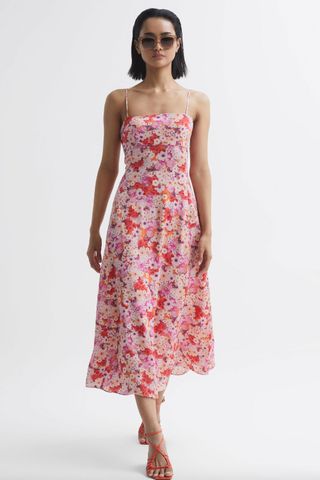 Best Petite Wedding Guest Dresses: Reiss Floral Printed Fitted Midi Dress 