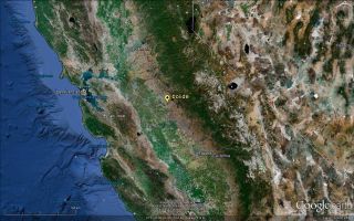 This map shows where the fireball likely broke apart over California, according to signals captured using very low frequency sound.