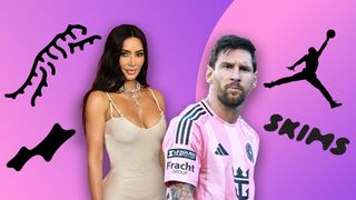 Kim Kardashian and Lionel Messi alongside the Sun Day Red, SKYLRK, Nike Jumpman and Skims logos.