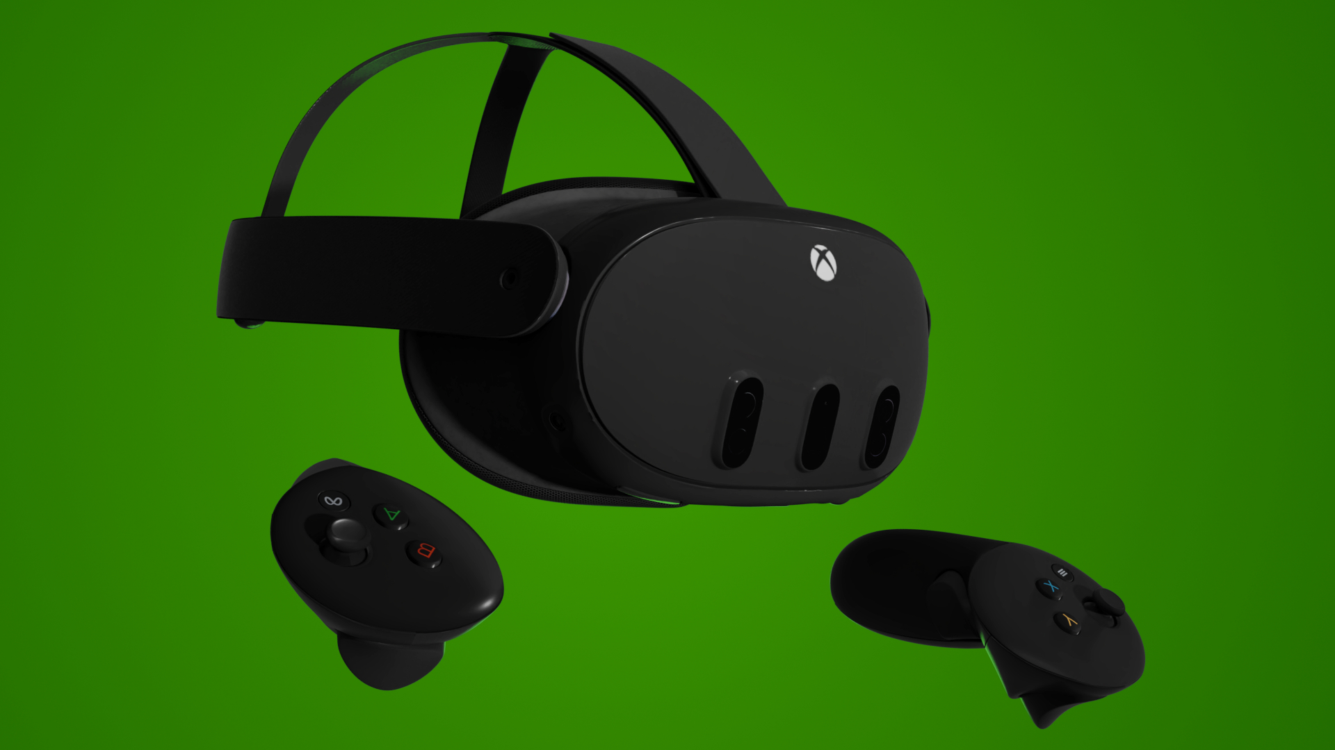 A 3D render of an Xbox-branded Meta Quest 3 VR/MR headset from a 3/4 angle with Touch Plus controllers, showcasing an all-black design with Xbox-themed colored buttons and an Xbox logo on the front.