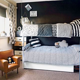 monochrome kids bedroom with bunk beds