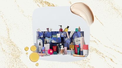 Image of the John Lewis Beauty Advent Calendar 2026 on a beige background with gold sparkles, cream and oil swatches