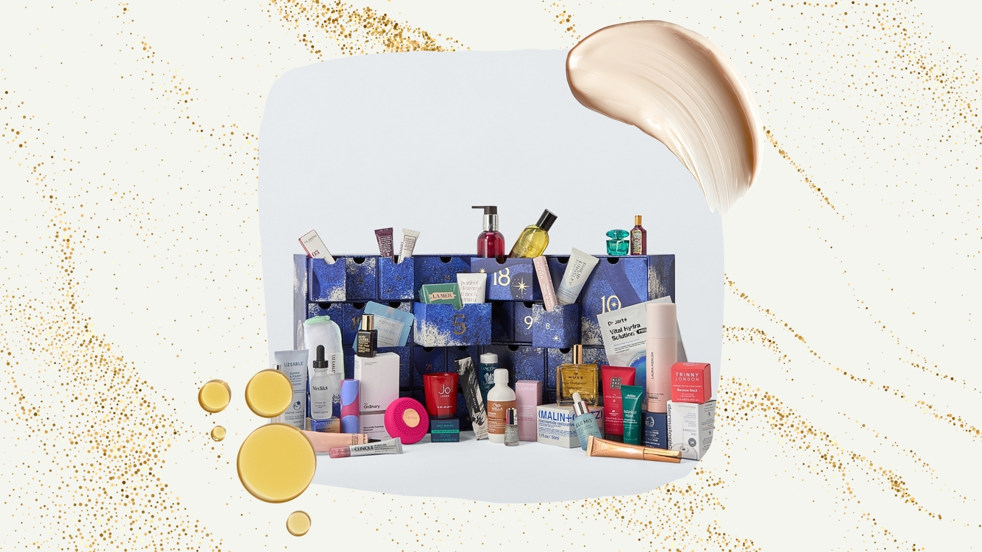 Image of the John Lewis Beauty Advent Calendar 2026 on a beige background with gold sparkles, cream and oil swatches