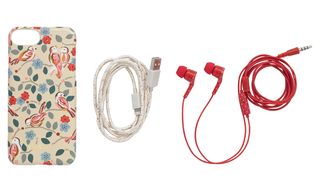phone cover with red earphones and charging cable