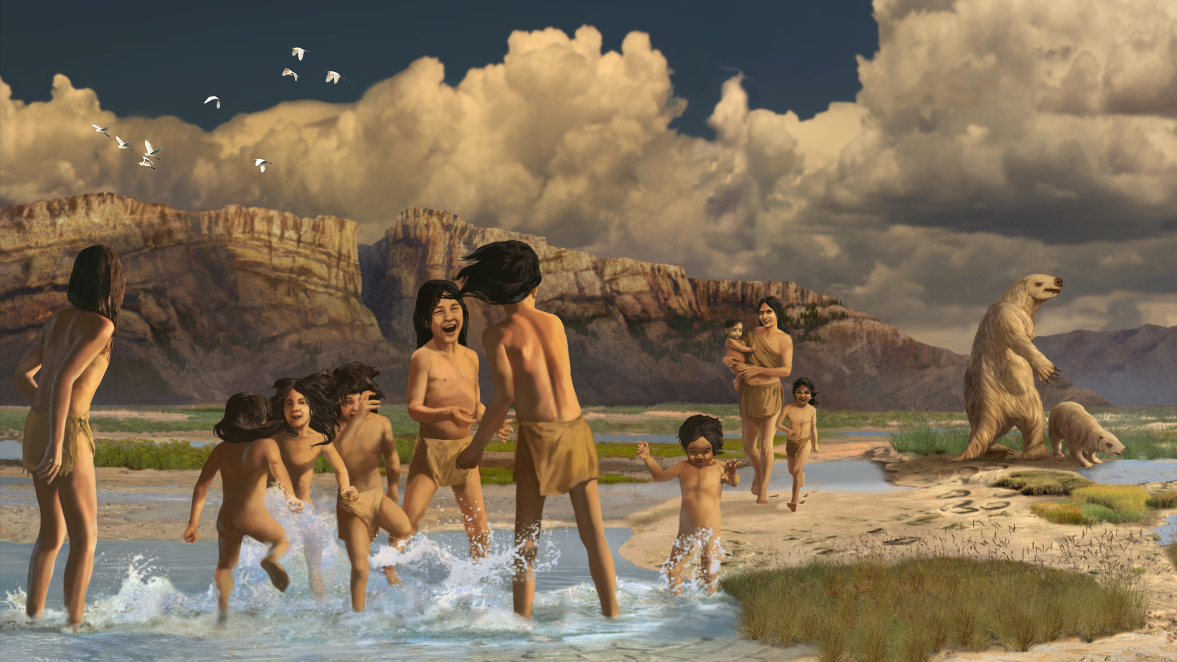 An illustration of children from the last ice age splashing in puddles on a ground sloth trackway in what is now New Mexico.