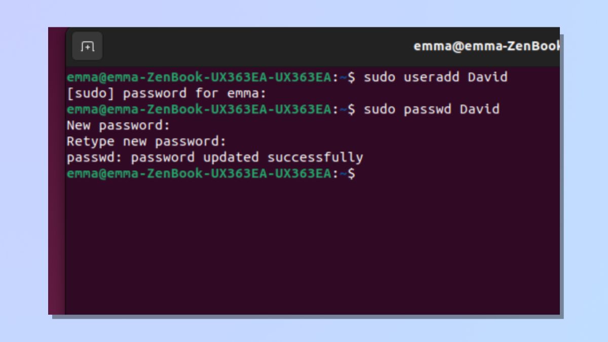 Снимок экрана, показывающий, как добавлять пользователей в Linux: установить пароль для нового пользователя