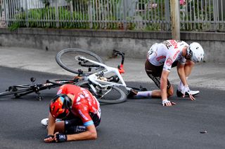 CATTOLICA ITALY MAY 12 Mikel Landa Meana of Spain and Team Bahrain Victorious Francois Bidard of France and AG2R Citren Team are involved in an accident during the 104th Giro dItalia 2021 Stage 5 a 177km stage from Modena to Cattolica Crash Injury girodiitalia Giro on May 12 2021 in Cattolica Italy Photo by Tim de WaeleGetty Images